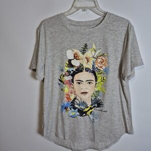 Frida Kahlo W XL Floral Portrait Graphic Statement Art  Latin Gray Short Sleeve